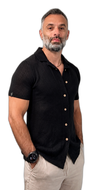 JC wearing the black Weston Jon Boucher Mykonos pointelle knit shirt with WJB Havana linen pants