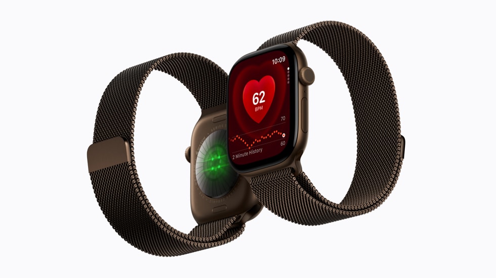 Apple Watch Series 12 press image showing the optical sensor and Heart Rate app