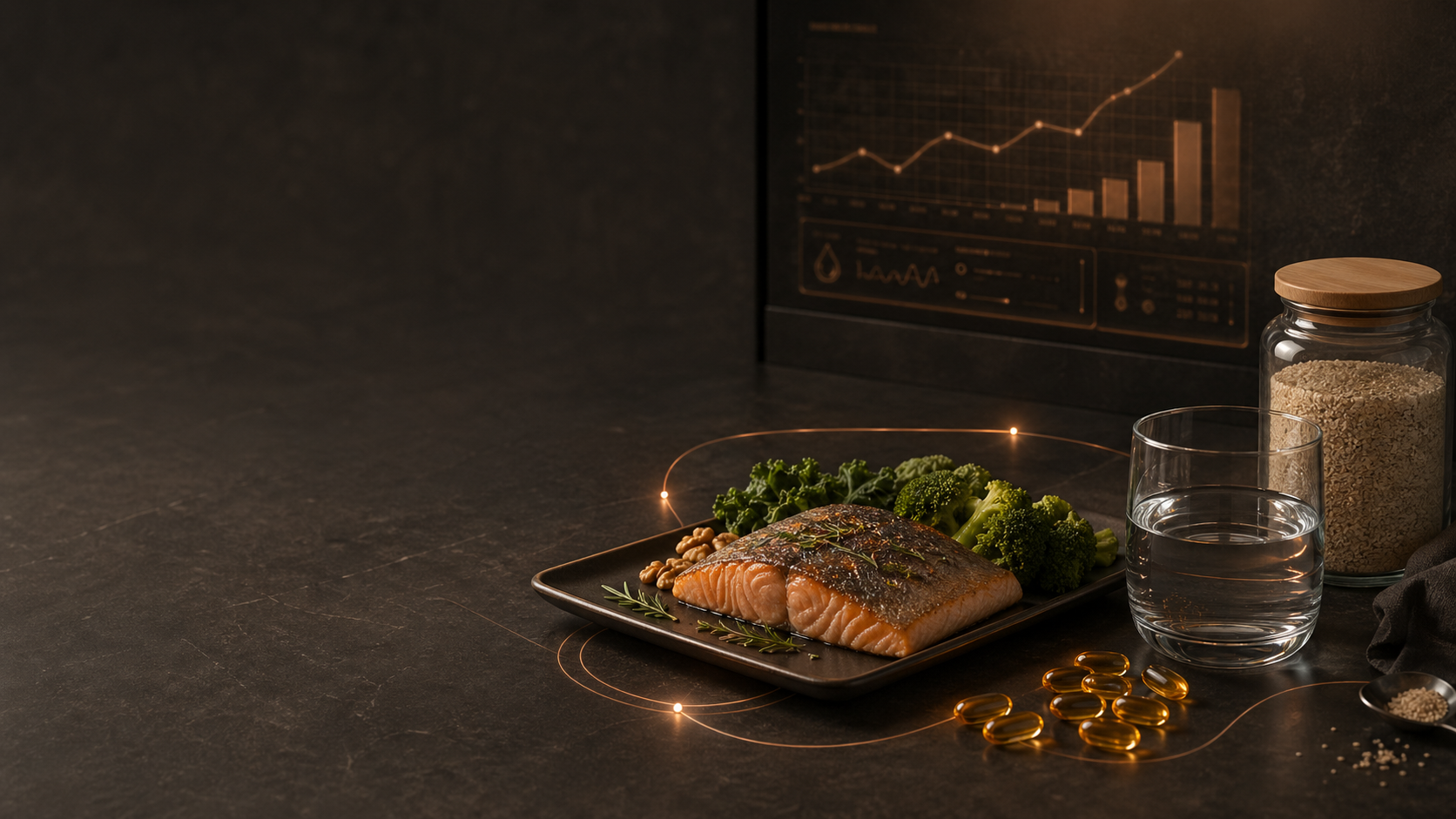 Omega-3 action board with salmon, softgels, water, and fiber after a low blood omega-3 result