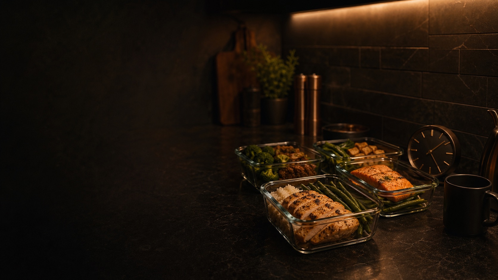 Night kitchen meal prep scene with coffee cutoff cue