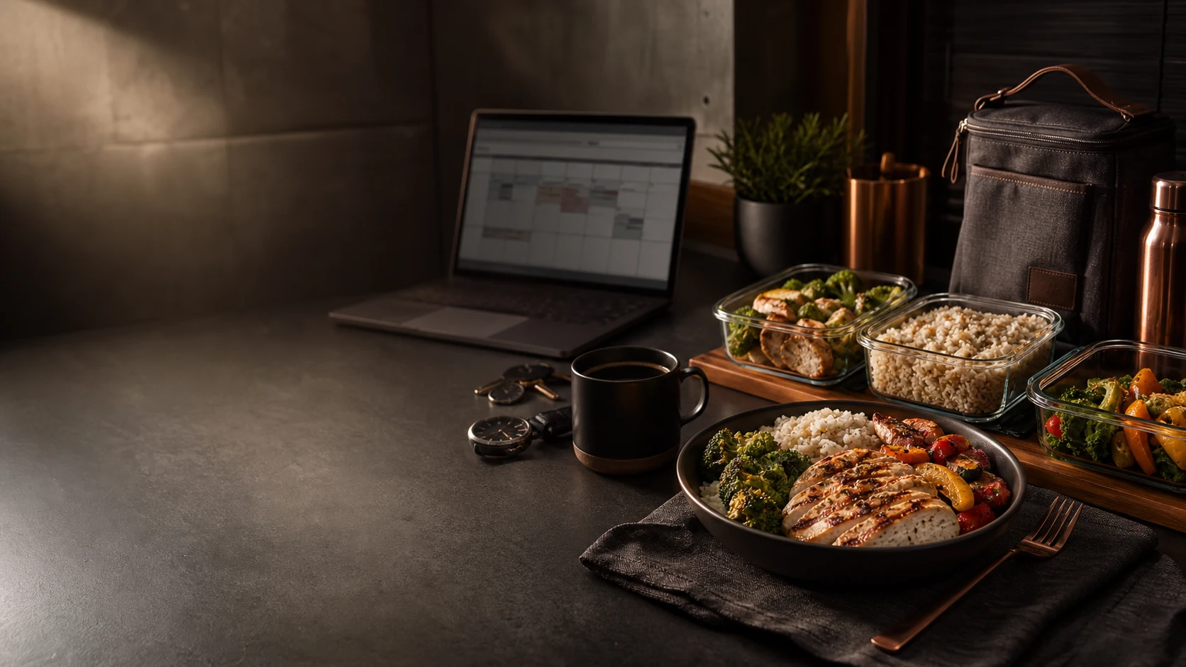Prepared lunch, work laptop, clock, and calendar on a dark meal prep table