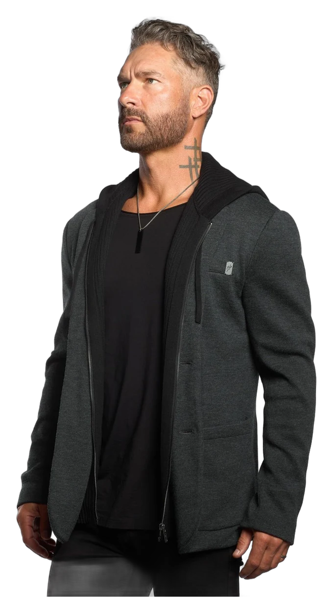 Weston model in the Dark Smoke Atticus blazer; official brand photography